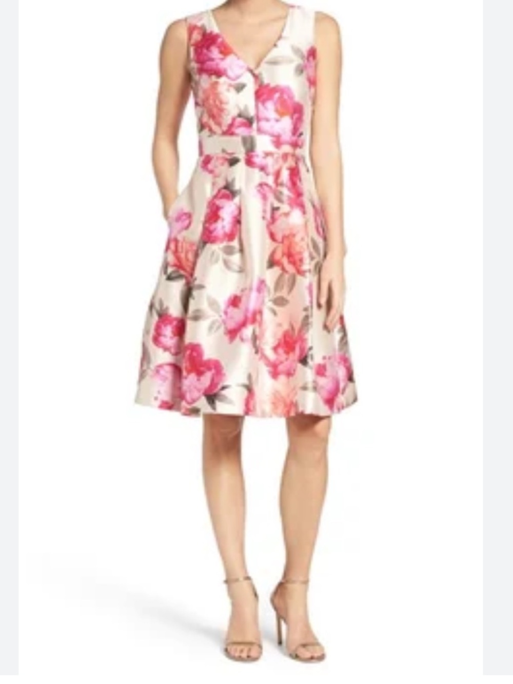 Eliza J Floral V-Neck Fit & Flare Dress in Pink